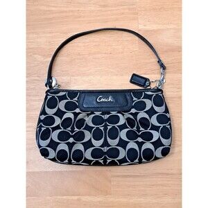 COACH Black Wristlet Purse Signature Canvas Leather Trim